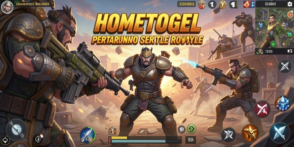 Screenshot gameplay HOMETOGEL menampilkan pertempuran seru di arena Battle Royale.