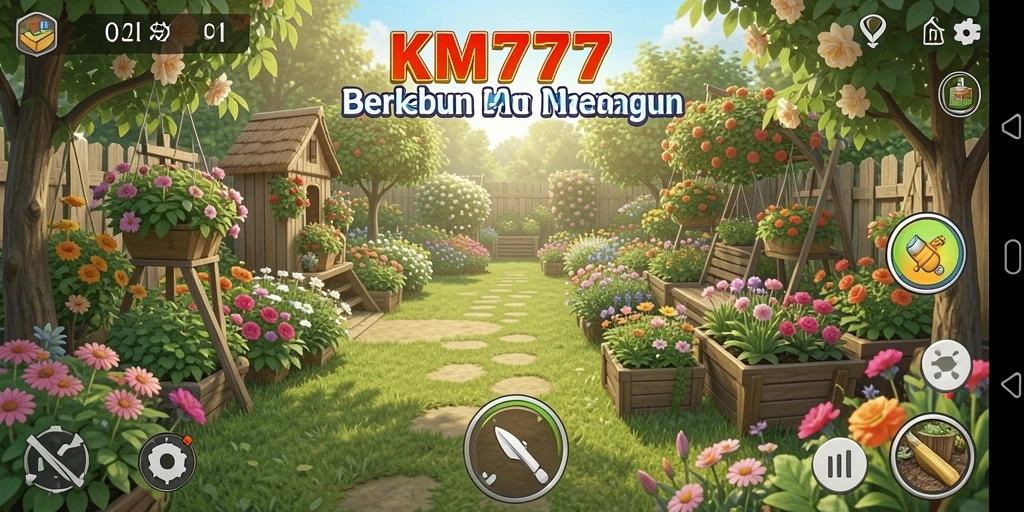 Tampilan gameplay KM777 yang menakjubkan dengan berbagai tanaman dan hewan.