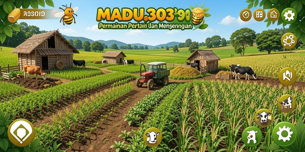 Tangkapan layar utama MADU303 menunjukkan ladang pertanian yang subur dan aktif.