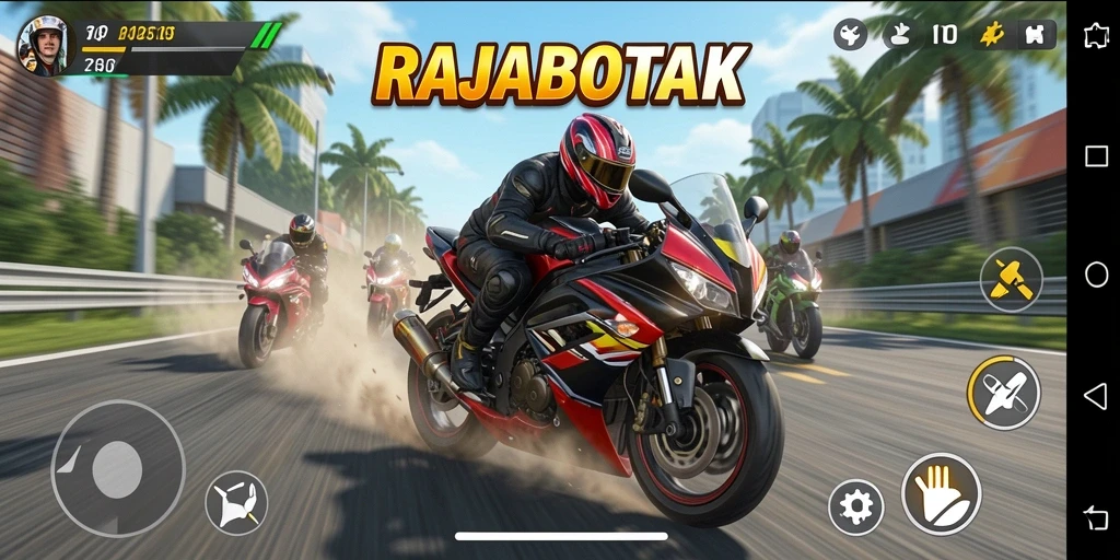 Screenshot utama RAJABOTAK menampilkan aksi balap motor yang mendebarkan.