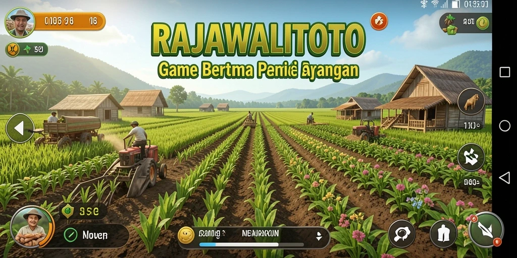 Screenshot gameplay RAJAWALITOTO menampilkan ladang yang subur dan tanaman yang tumbuh.