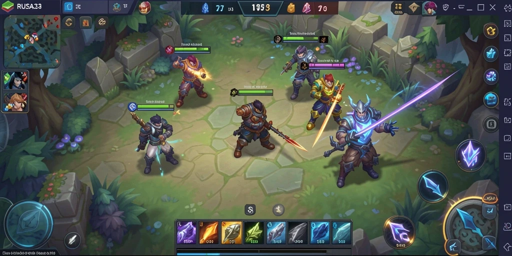 Tampilan gameplay seru RUSA33 dengan aksi pertempuran MOBA yang mendebarkan.